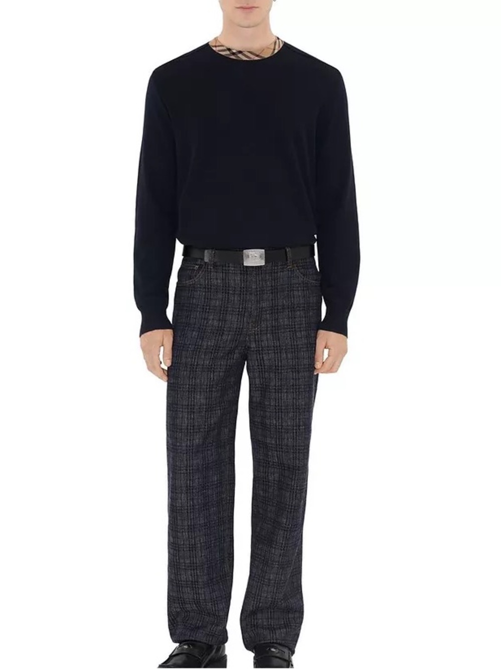 Burberry Black Crewneck Sweater with Beige and Red Stripe Collar French Terry